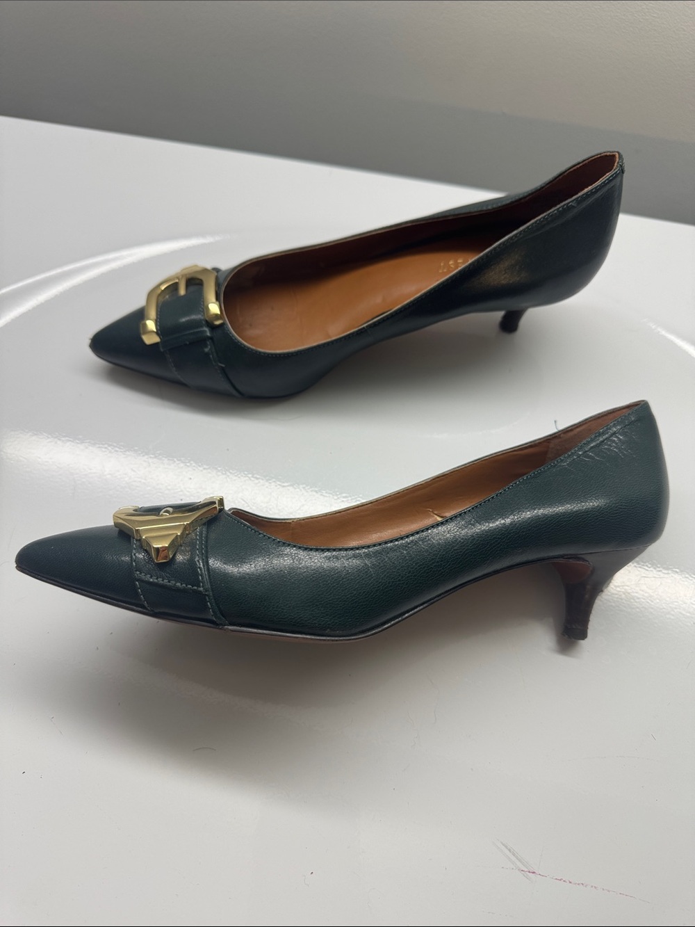Nine West Black Pointed Leather Flats with Gold Buckle Accent